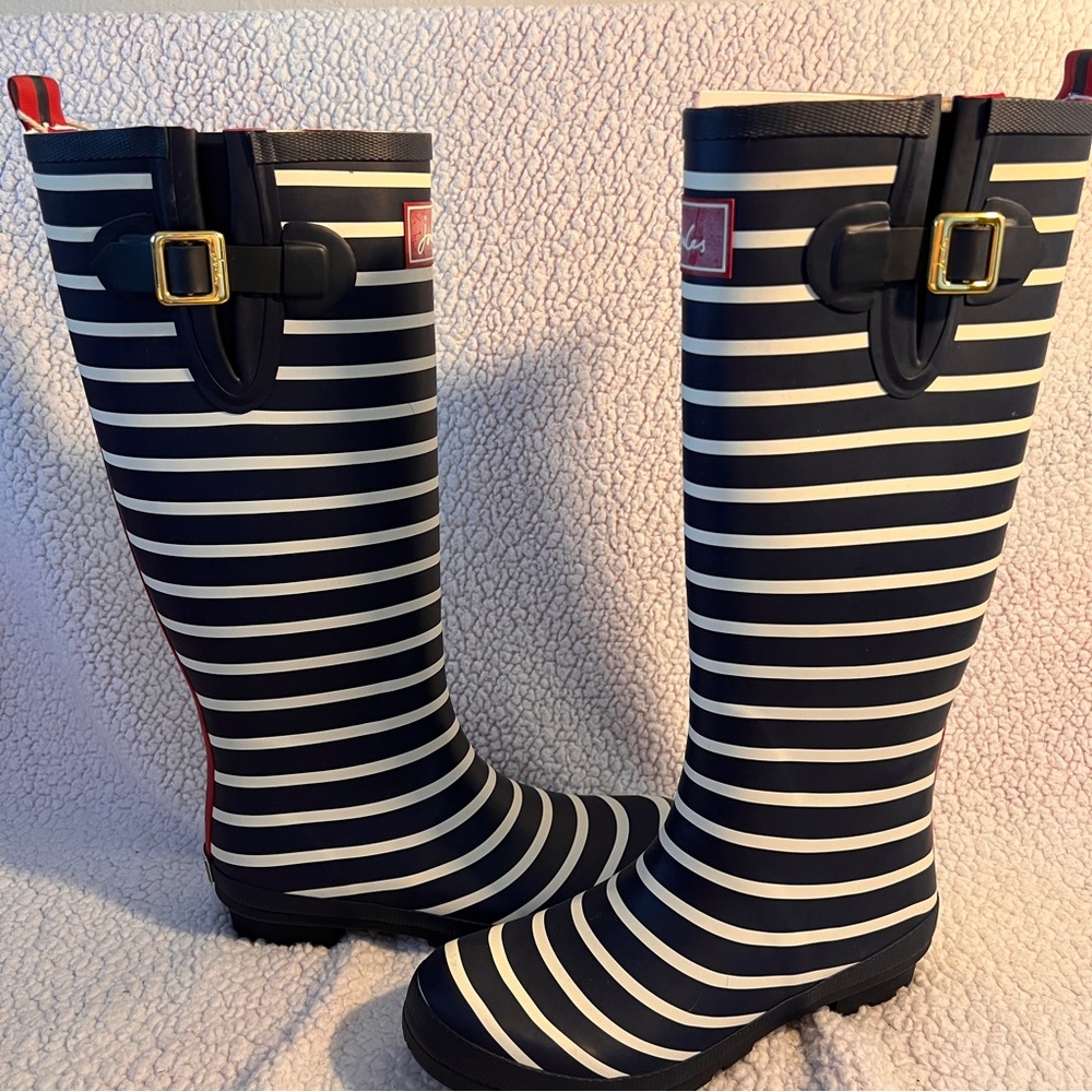 Joules Welly Print Tall Navy & White Striped Rain Boots US 9 / UK 7 NWT